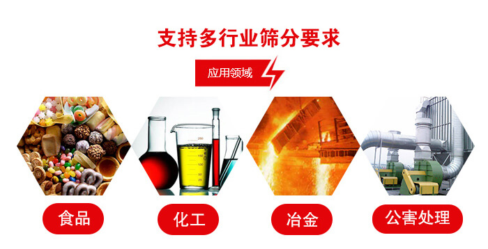 旋振篩適用的行業(yè)：食品行業(yè)，化工行業(yè)，冶金行業(yè)，公害處理等。